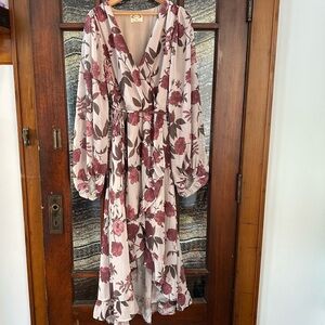 Rose floral wrap dress balloon sheer sleeves bridgerton whimsygoth boho